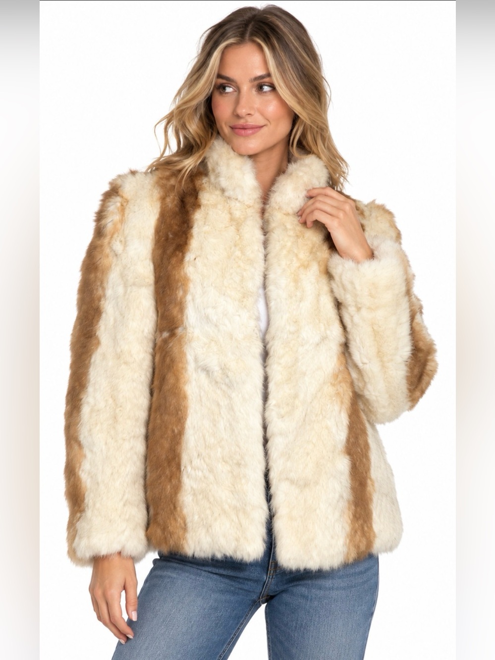 Vintage Genuine Rabbit Fur Coat Cream Tan Striped Jacket Fall Winter Luxury M